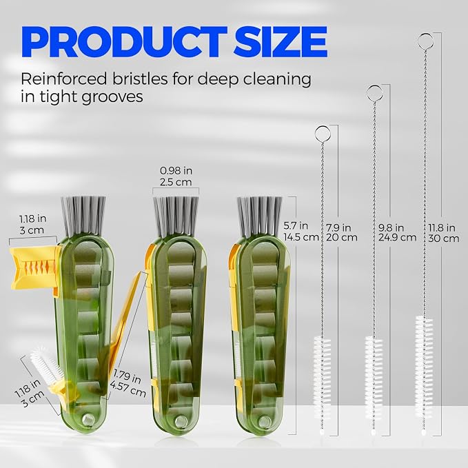 Holikme 6 Pack 4 in 1 Cup Lid Cleaning Brush 3 Straws Bottle Brush,Olive | 4 in 1 Cup Lid Cleaning Brush Multifunctional Bottle Brush, Silicone Cup Lid Gap Cleaner, Bristle Crevice Cleaning Brush