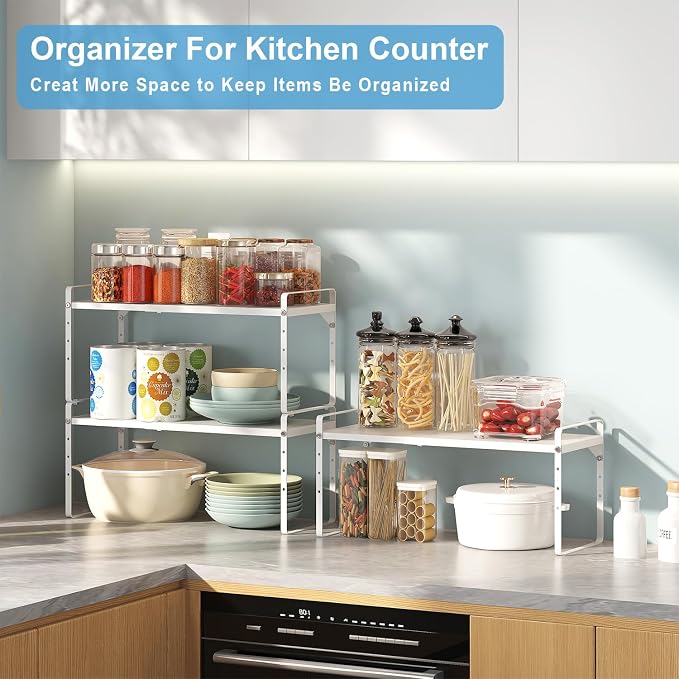 Set of 2 Expandable Cabinet Shelf Organizer, Stackable Kitchen Countertop Shelves Spice Racks, Small Storage Shelf For Cupboard Counter Tabletop, 30 LBS Heavy Duty, Adjustable, 13.8" to 21.6" Long