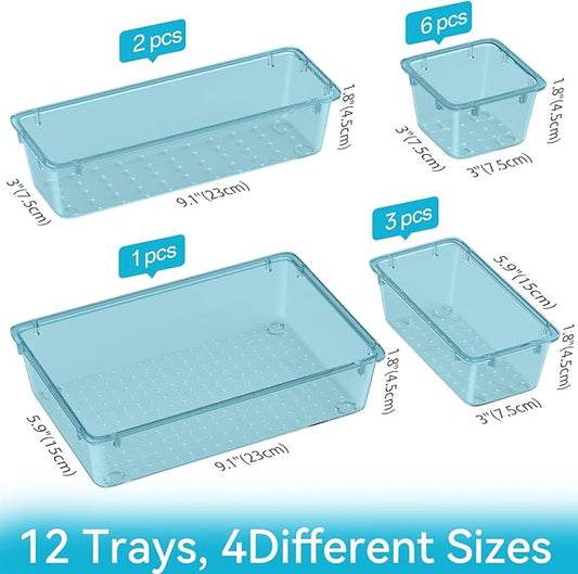 ElegantArray 12-Piece Drawer Organizer Set, 4 Sizes Versatile Plastic Vanity Organizer for Makeup, Stationery, Gadgets, in Kitchen, Bathroom, Office, and Bedroom, Sea Blue