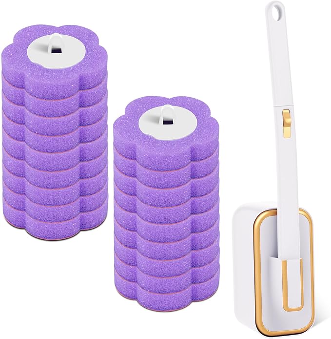 Disposable Toilet Brush, Toilet Brush Kit, Toilet Bowl Cleaning System, Long Handle Easy to Install for Bathroom Cleaning (White Cleaning Brush + 18 Purple Replacement Heads)
