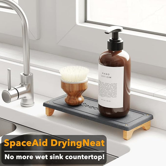 SpaceAid DryingNeat Sink Organizer, Instant Dry Sink Caddy Organizers, Kitchen Sponge Soap Holder Dispenser, Countertop Fast Drying Rack (Bamboo Feet, Dark Gray)