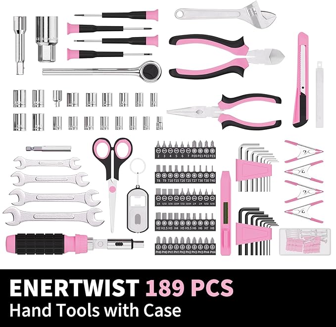 ENERTWIST Pink Tool Kit for Women, 189-Piece Premium Household Hand Tool Set with Lightweight Portable Box, Perfect for Home DIY Repair, Furniture Assembly, Ideal Gift for Women & Housewarming