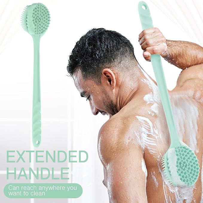 Sunnyray 2 Pack Silicone Back Scrubber for Shower with 15" Long Handle Double-Sided Bath Body Brush for Exfoliating Easy to Clean Quick Dry Deep Cleaning Lathers Well(Nordic Green)