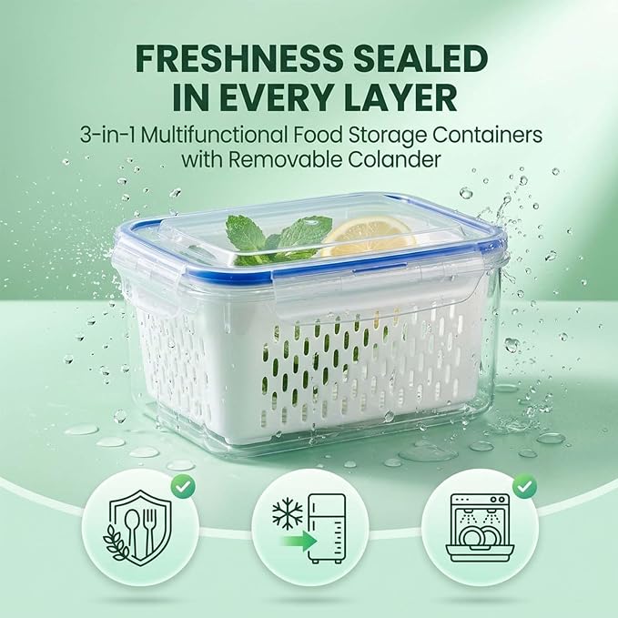 Fruit Storage Containers for Fridge with Removable Colander, Airtight Produce Storage Containers with Lids, Fridge Organizers and Storage for Berry, Fruit, Vegetables, Salad & Meal Prep (Blue, M)