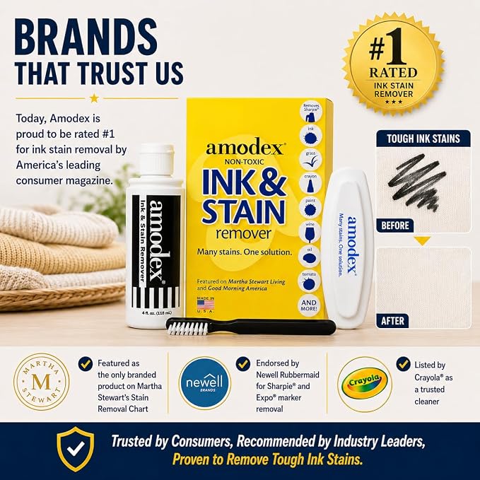 Amodex Ink & Stain Kit with Stain Remover Brushes, Removes Ink, Sharpie, Grease, Food and More, Safe and Effective on Clothes, Leather and Skin, Includes 1 Bottle and 2 Brushes