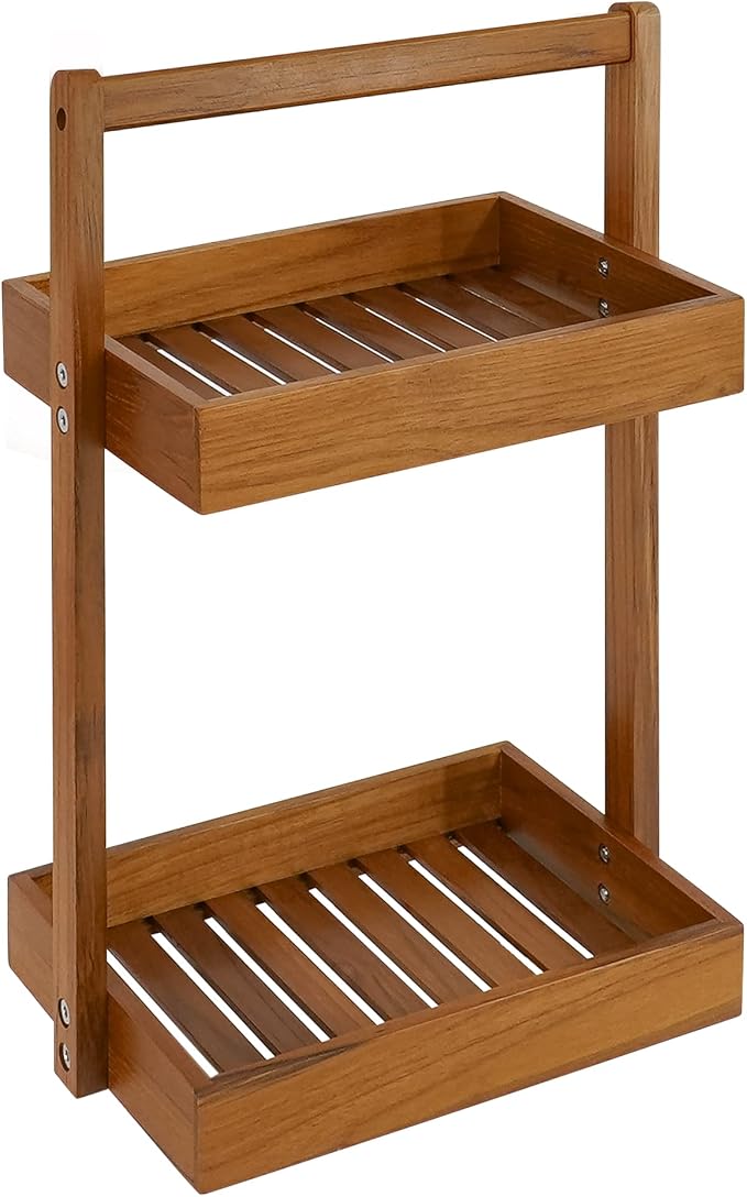 Utoplike Teak Wood Shower Caddy Corner, 2 Tier Bathroom Organizer Countertop, Standing Shower Rack with Handle, Stand Up Shower Basket for Shampoo, Shelf Rack for Inside Shower, Kitchen Desktop | Solid Shower Organizer with Handle, Stand Up Shower Bask...