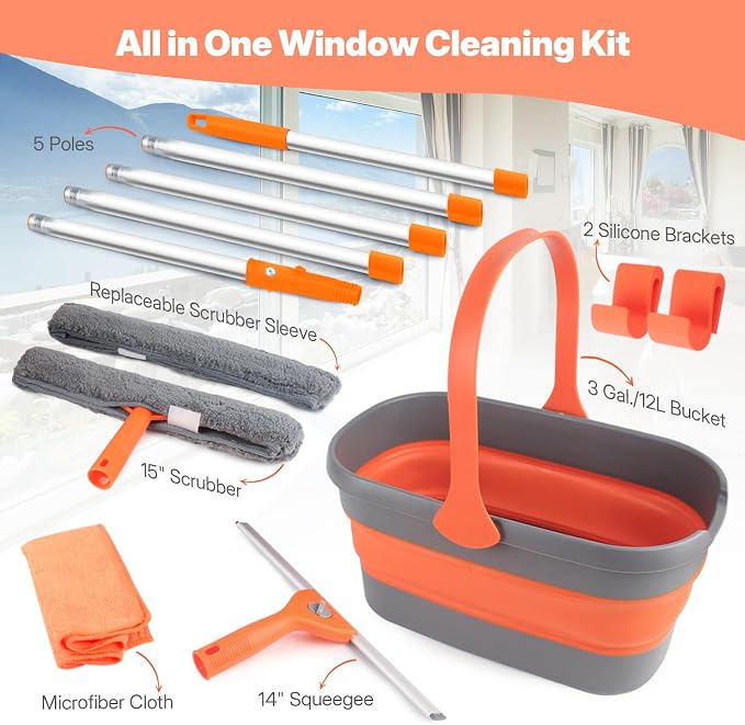 Window Cleaning Kit with Collapsible Bucket 3 Gallon, 14" Window Squeegee and 15" Scrubber with 61" Long Handle, Professional Window Washing Kit Cleaner Tool for Home Outdoor Office Commercial Use