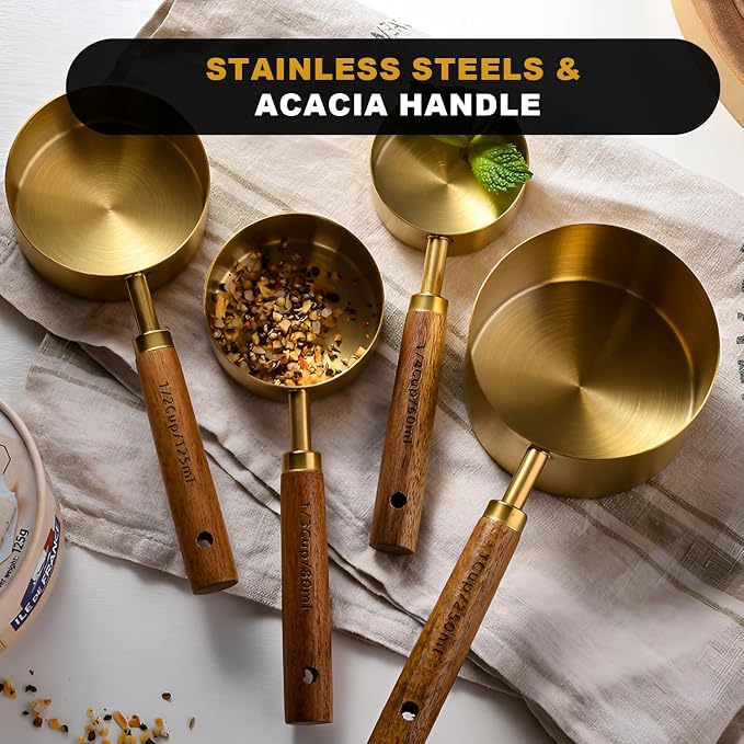 SHIKORI Gold Measuring Cups and Spoons Set with Wood Handles, Premium Stainless Steel Measuring Spoons and Measuring Cups Set-Gold