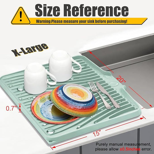 TIKNIK Silicone Dish Drying Mat for Kitchen Counter - Heat Resistant & Non-Slip Dish Drain Pad with Built-In Drain, Dishwasher Safe, Quick-Dry, Hangable & Roll-Up for Storage, Mint-1pcs, 20" x 15"