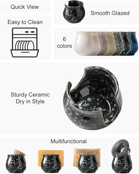 Zoeeker Kitchen Sponge Holder, Ceramic Dish Sponge Holder Kithen Sink Organizer Farmhouse Brush Holder Dish Rack for Bathroom, Kitchen, Sink, Black