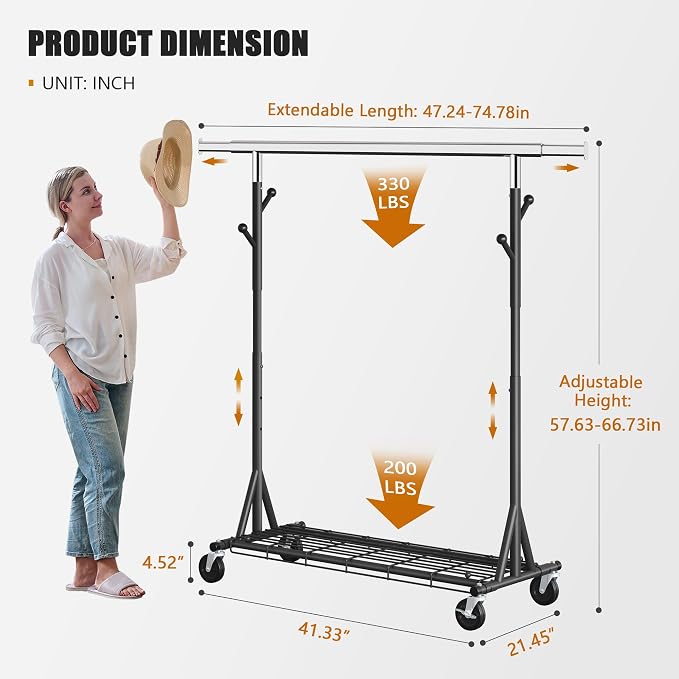 Gewudraw Clothes Rack Heavy Duty 530 LBS Capacity, Portable, Foldable,Black | Rolling Clothing Rack With 4" Wheels, Shelf, Hooks, Adjustable, Collapsible, Garment Rack for Wardrobe,Bedroom, Laundry Room