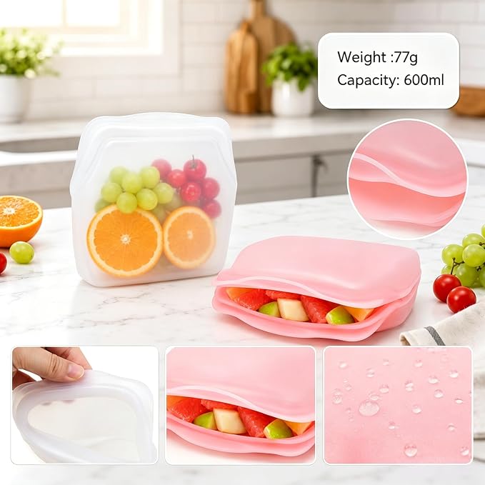 Everbag Silicone Storage, Everbag Food Storage Bags, Reusable Storage Bags, Leak-Proof Upright Freezer Bags (White+Pink)