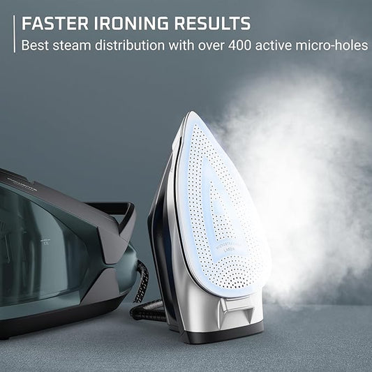 Rowenta Iron Steamer for Clothes Master Steam Station, Professional Steam Iron for Clothes with Stainless Steel Soleplate, 57 Oz, 400 Microsteam Holes, Built-In Pump, 1750 Watts, Black/Green, VR8338