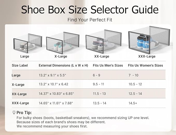 Kuject XXX-Large Shoe Storage Boxes 12 Pack, Clear Stackable Shoe Organizer | Shoe Case for Closet, Entryway & Under-Bed Storage, Drop-Front Design, Space-Saving Solution for Family Organization,Black