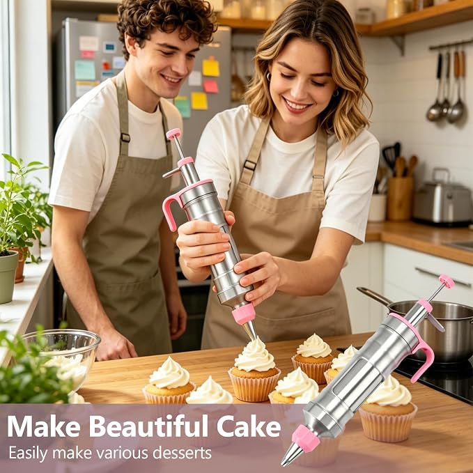 Dessert Decorating Syringe Set, Stainless Steel Frosting Piping Kit with 2 Tip Couplers & 6 Decorating Piping Tips Icing Piping Kit Cupcake Decorating Kit Cake Decorating Tools (Pink)