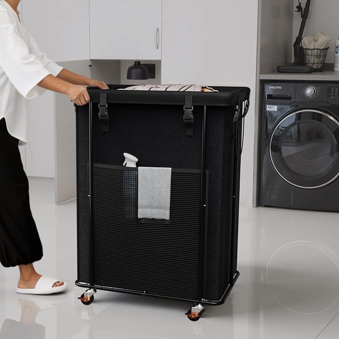 Laundry Hamper with Wheels, 200L Rolling Laundry Basket with Bag & Handles | Sturdy Metal Frame | Removable Bag | Large & Tall Dirty Clothes Hampers for Laundry Room, Bedroom, Dorm, Bathroom-Black