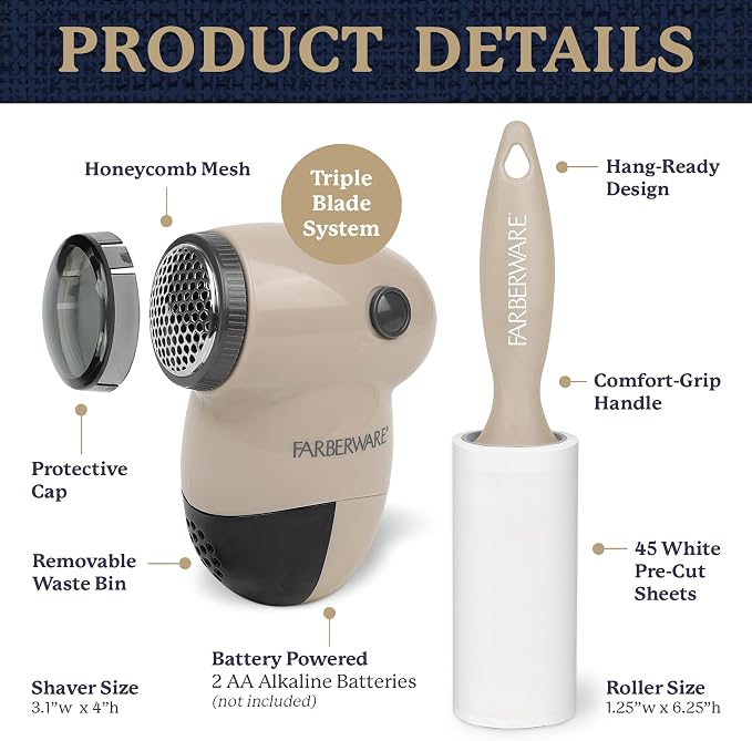 Farberware Fabric Shaver & Lint Roller Set, Small, Portable | Sticky sheets lift pet hair and dust, triple-blade design restores fabrics to like-new condition, for clothing and bedding