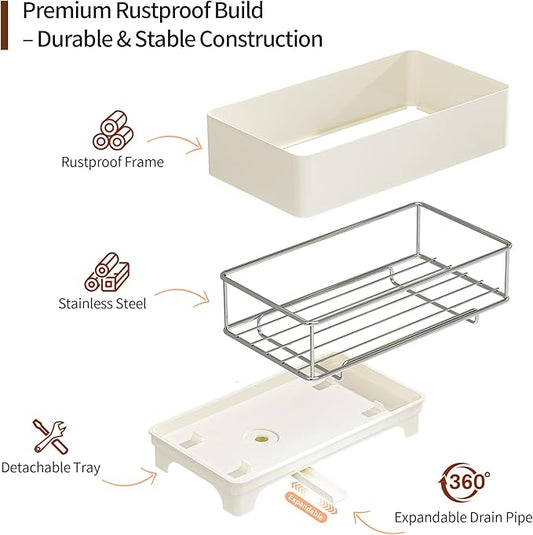 Sponge Holder for Kitchen Sink – Rustproof Stainless Steel, 360° Rotating Drain Pipe, Large Counter Organizer with Drip Tray for Sponges, Brushes & Dish Cloths Off-white