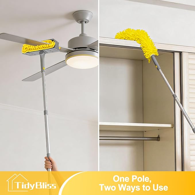 TidyBliss 77” Ceiling Fan Blades Cleaner Duster with Extension Pole, Extendable Flexible Dust Cleaning Brush, Reusable Chenille Mop for Baseboard Wall Floor Blinds Cobweb