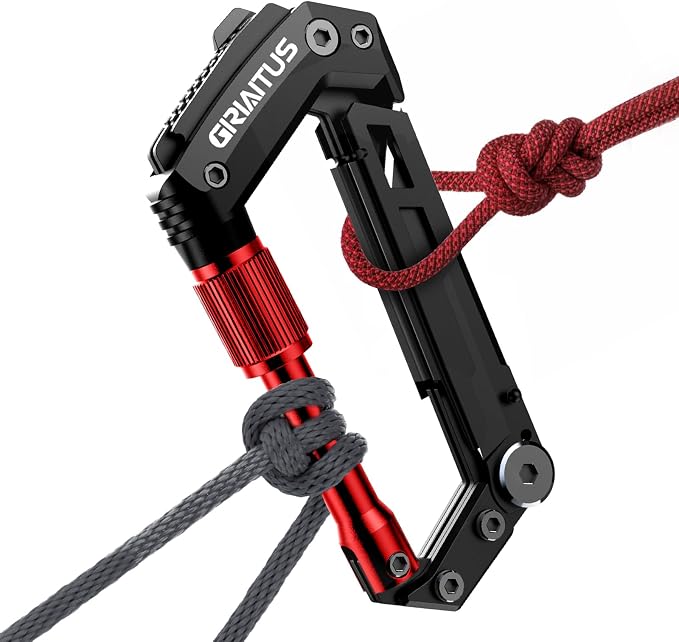 Carabiner Multitool with Pocket Knives, EDC Carabiners, for Camping Hiking | Serrated Knife, Rope Cutter, Screwdriver, Can Bottle Opener, Ruler, Keychain Knife , Gifts for Women (Red)