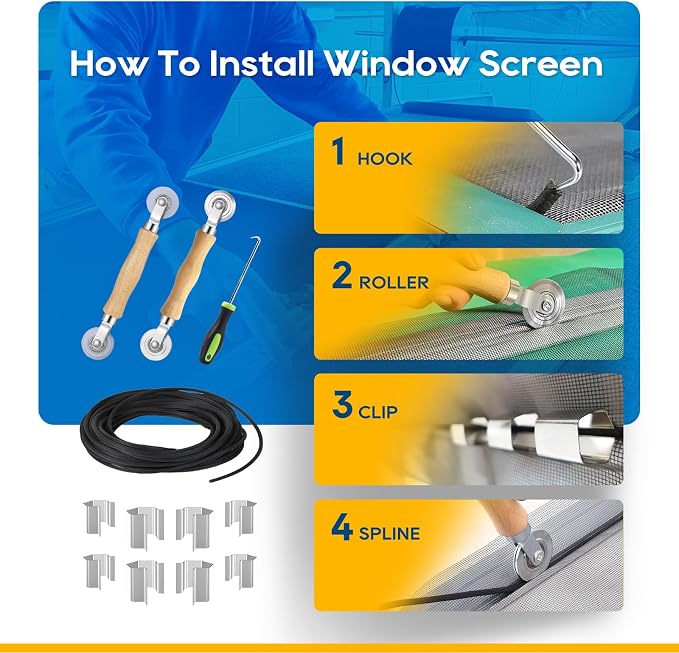 King&Charles Window Screen Replacement, 6in1 Window Screen Door Repair Kit | 59"x106" Black Screen Mesh, Steel/Nylon Bearing Roller, 0.14in x 50ft Spline, 8 Clips & Hook for Windows, Doors, Patio & RV