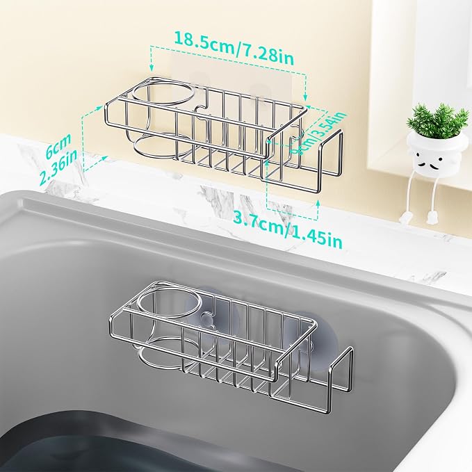 HapiRm Sink Caddy Sponge Holder - No Drill Sponge Caddy for Kitchen, Rustproof and Waterproof Kitchen Sink Organizer - Silver(2-Pack)