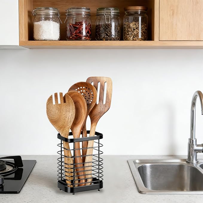 Utensil Holder, Stainless Steel Utensil Drying Rack for Kitchen Counter, Silverware Cutlery Flatware Holder Forks, Knives, Spoons, Chopsticks Organizer (Black)