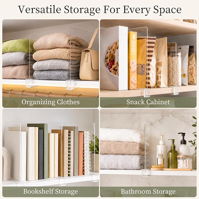 SortNStore Shelf Dividers Purse Organizer for Closet: 6-inch Tall(Shorter Version) Acrylic Handbag Organizer - Small Space Separator for Clutches Evening Bags Pouches Mini-Bags on Wood Shelves 8-Pack