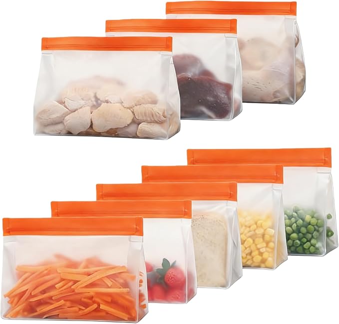 PABCK 10Pcs Reusable Silicone Freezer Bags 5Green+5Orange 8.1x5.7+2.56 inch | Stand Up Freezer Food Bags Leakproof Resealable Produce Bag for Sandwich Smell Proof Fridge Organization for Lunch Travel
