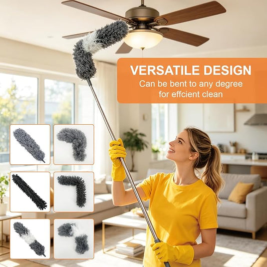 15 PCS Feather Dusters for Cleaning, Microfiber Duster with Extension Pole 100in, Extendable Duster for High Ceilings, Ceiling Fans, Baseboards, Blinds, Car Interior - Washable Reusable Dusting Tools
