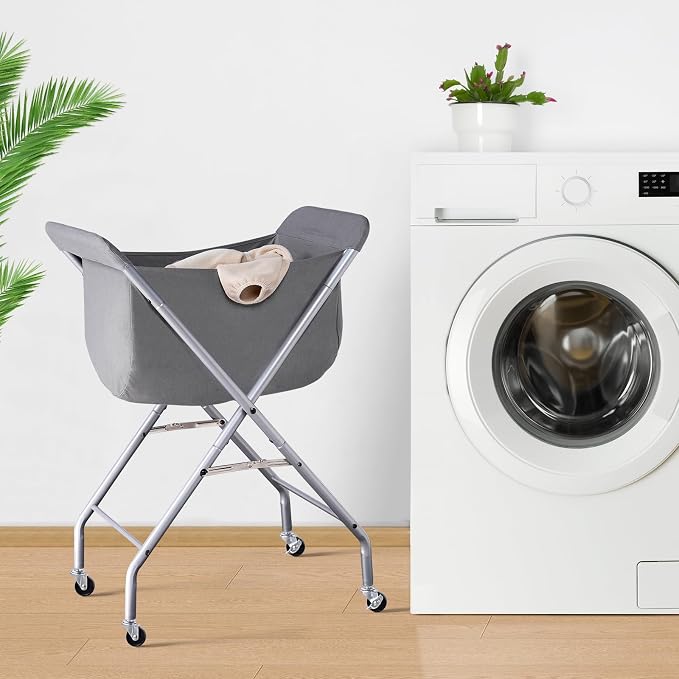 ELYKEN Laundry Basket with Wheels, Collapsible Laundry Hamper, Gray | Removable Liner Bag, Foldable Design, Sturdy Metal Frame, 4 Casters, 32”H Laundry Cart for Bedroom, Bathroom & Laundry Room