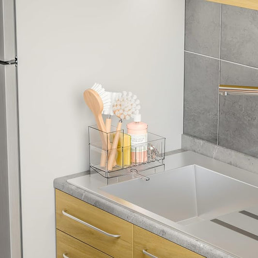 Yieach Clear Kitchen Sponge Holder for Sink,Acrylic Sponge Caddy for Kitchen Sink with Brush Holder,Rustproof Kitchen Sink Organizer for Sponge, Soap Dispenser Storage Accessories and Self Drain Tray