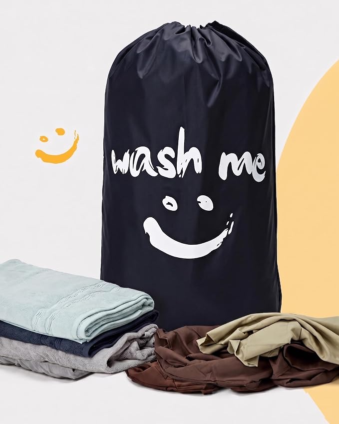 HOMEST 2 Pack XL Wash Me Travel Laundry Bag, Dirty Clothes Organizer, Large Enough to Hold 4 Loads of Laundry, Easy Fit a Laundry Hamper or Basket | Holds 3-4 Loads, Machine Washable Drawstring Laundry Bag for Dorm, Camp, Laundromat,Family,Travel,Black...