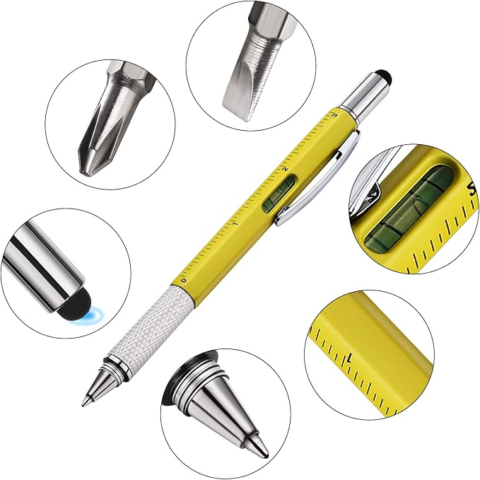Zhanmai 8 Pcs 6 in 1 Multitool Pen Bulk Gift for Men Multi Tool Ballpoint Pen with Ruler Level Screwdriver Stylus Cool 20 Ink Refill Tool Gadget Birthday Christmas Stocking Stuffers for Adult (Yellow)