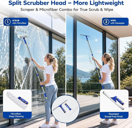 ITTAR Window Squeegee with 2 Sets Separate Pole, 12" Rubber Squeegee and 11" Microfiber Pads, 60"-73.6" Telescopic Window Cleaning Kit with Rotating Head for High Windows, Shower Glass, Car Windshield
