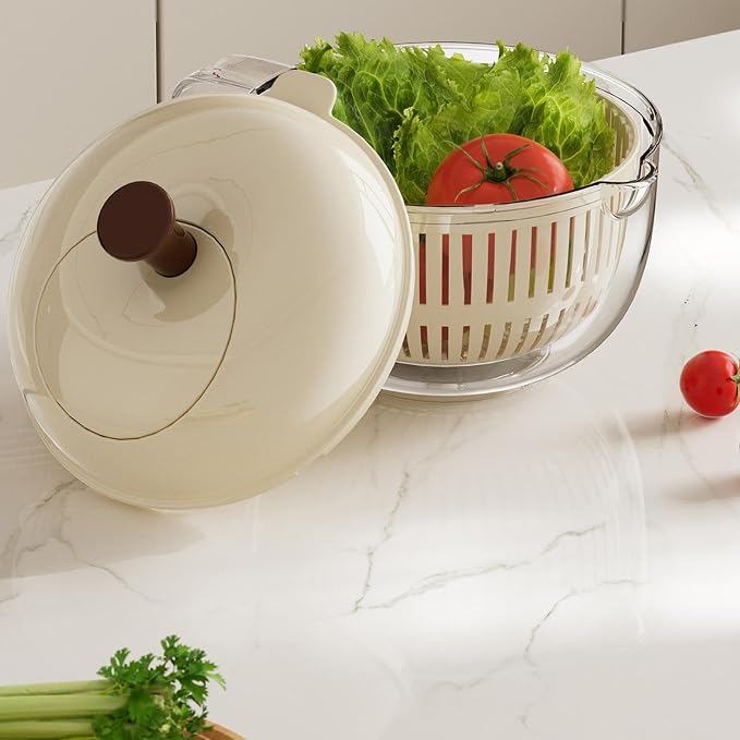 Salad Spinner, Hand Cranked Fruit Washing Spinner with Handle, Multifunctional Fruit and Vegetable Washing Bowl with Drain Basket, Reusable Salad Dehydrator Drainer for Home Kitchen