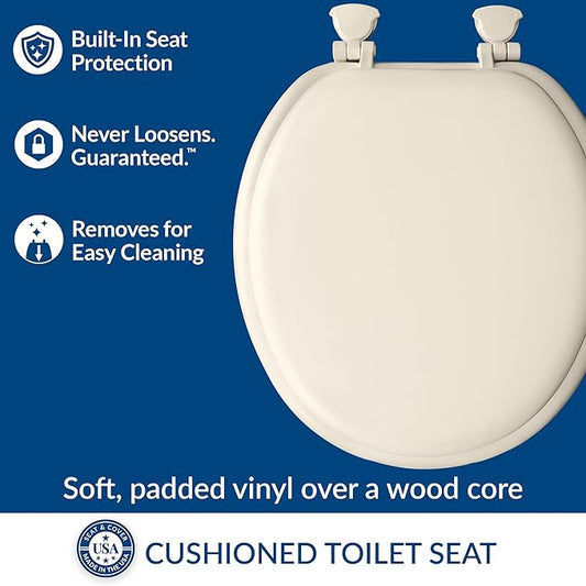 Mayfair Padded Toilet Seat, Cushioned Soft Vinyl over Wood Core Seat, Secure Hinges, Easy Clean, Made in USA, Round, Biscuit (Pack of 2)