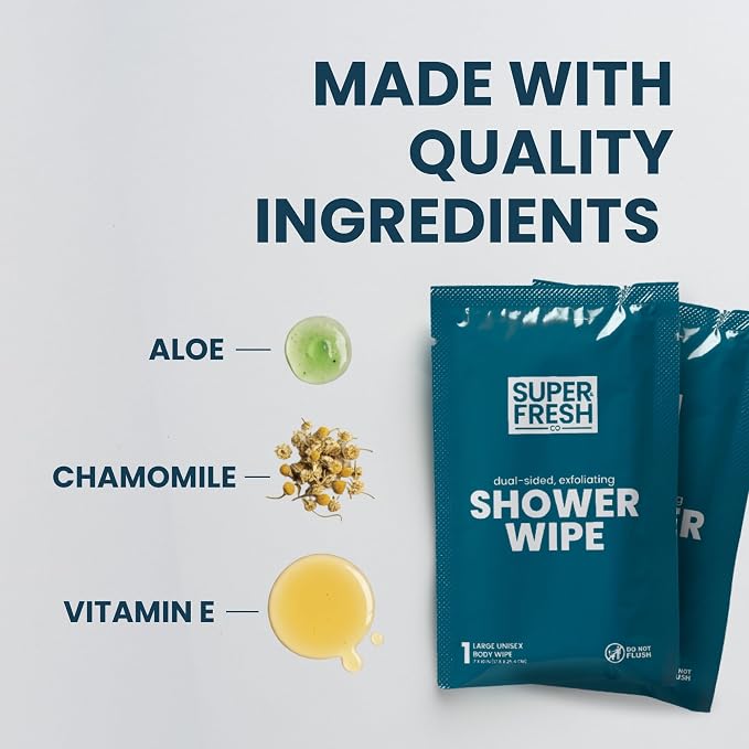 Super Fresh Shower Body Wipes, Travel Essentials for Camping, Large Unscented for Adults, Women, Men, Kids Personal Hygiene Cloth Enriched with Aloe and Vitamin E, Individually Wrapped 10 Pack