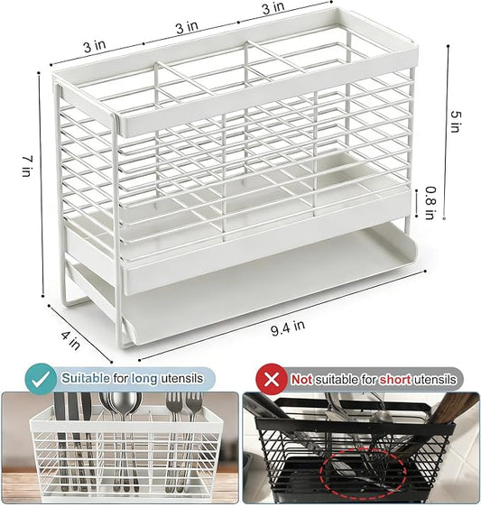 Utensil Holder, Upgrade Stainless Steel Utensil Drying Rack with Automatic Drain Tray for Kitchen Counter, Silverware Cutlery Organizer for Spoons, Forks, Knifes, Chopsticks (White)