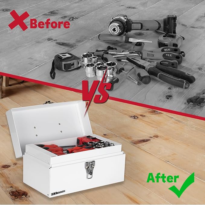 P.I.T. 12 Inch Tool Box,Portable Small Steel ToolBox with Metal Latch Closure for Household, Warehouse,Tools Storage,White