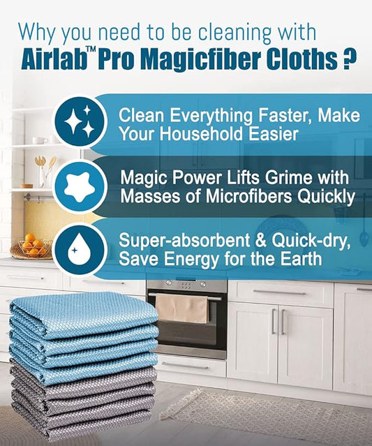 Airlab Glass Polishing Cloth Streak Free Miracle Cleaning Cloth Lint Free Microfiber Cleaning Rags for Glasses Kitchen Dish Mirrors Easy Clean, Pack of 8, 16" x 12", Grey & Blue