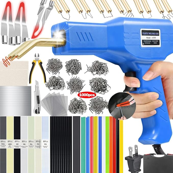 Upgraded 220W Plastic Welder, 2 in 1 Plastic Welding Repair Welder Kit 1000PCS Hot Stapler Soldering Gun with 100PCS Plastics Welding Rods Car Bumper Repair Kit for Most Plastics(Blue)
