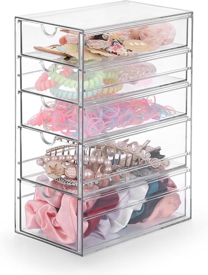 Hipiwe 5-Drawers Plastic Storage Organizer, Clear Hair Accessories Organizer with Large Capacity for Bathroom, Dresser, Cosmetic Hair Tie Container for Girls Women | Large Capacity Drawers Box for Bathroom, Dresser, Cosmetic Hair Tie Container for Women