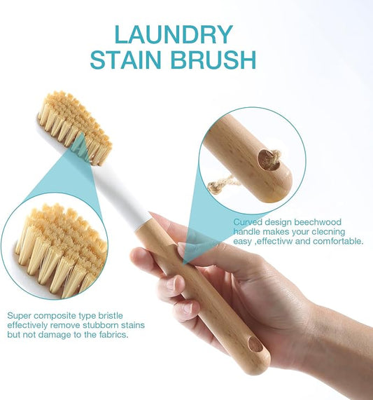 Wood Laundry Brush, OSCIOSS Laundry Stain Brush wth Long Handle and Soft Bristle for Cleaning Clothes & Shoes, Protable Laundry Brush for Stains on Clothes (Natural)