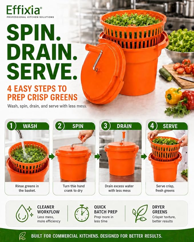 Commercial Salad Spinner - 3 Gallon Large Capacity Lettuce Dryer with 10 Ft Drain Hose & Stop Valve, 12Qt Manual Vegetable Spinner for Restaurants, Catering and Meal Prep