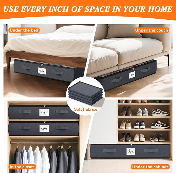 90L Under Bed Storage Containers, Storage Bags, Organizers, 2-Pack, Gray | Foldable, Soft Fabric, Closet Organizers, Reinforced Handle, Label Holder, Clear Window, for Comforters, Clothing, Blankets