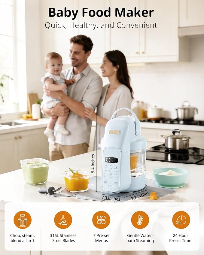 SosekiBaby Tutto Baby Food Maker with Glass Bowl One Step Baby Blender-Food Processor and Steamer Puree Grinder 316L Stainless Steel Blades Auto Cooking & Easy Cleaning-BPA-Free Blue