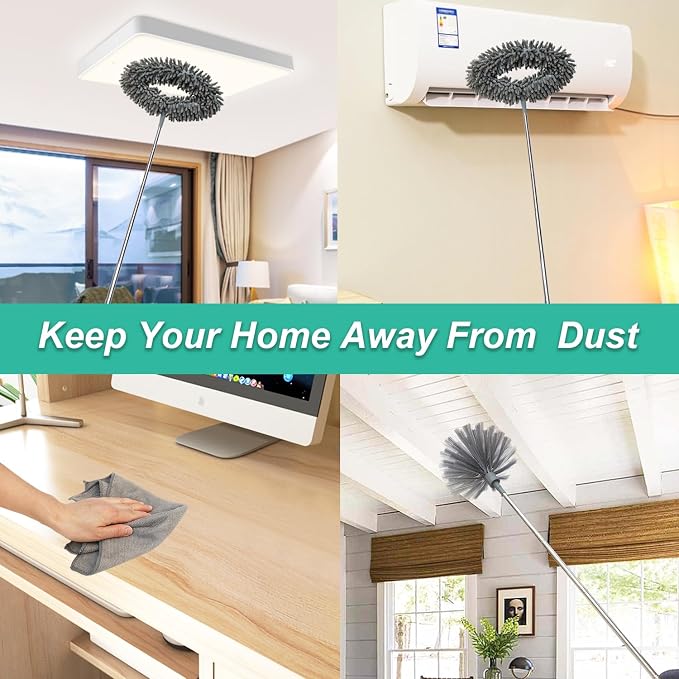 Ceiling Fan Cleaner Duster, Cobweb Duster with Extension Pole, Washable and Reusable Microfiber Duster Set for Cleaning Ceiling Fan, High Ceilings, Walls, Bookshelves, Window Door Top, Cobwebs (Gray)