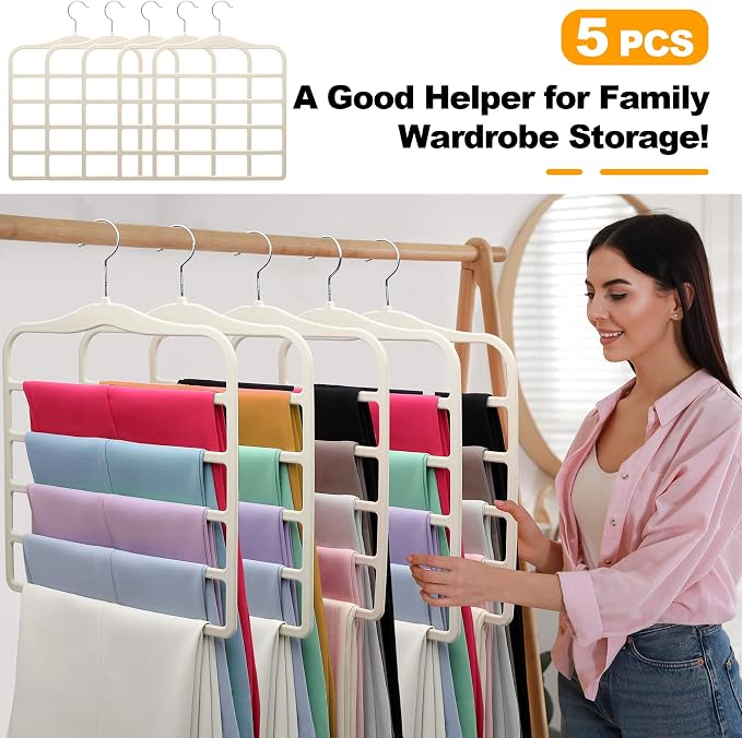 Closet Organizers and Storage, 5 Pack Velvet Pants-Hangers-Space-Saving | Non Silp 5 Tier Clothes-Hanger for College-Dorm-Room-Essentials, Closet-Storager for Jeans Scarf Hanger, Home Organization