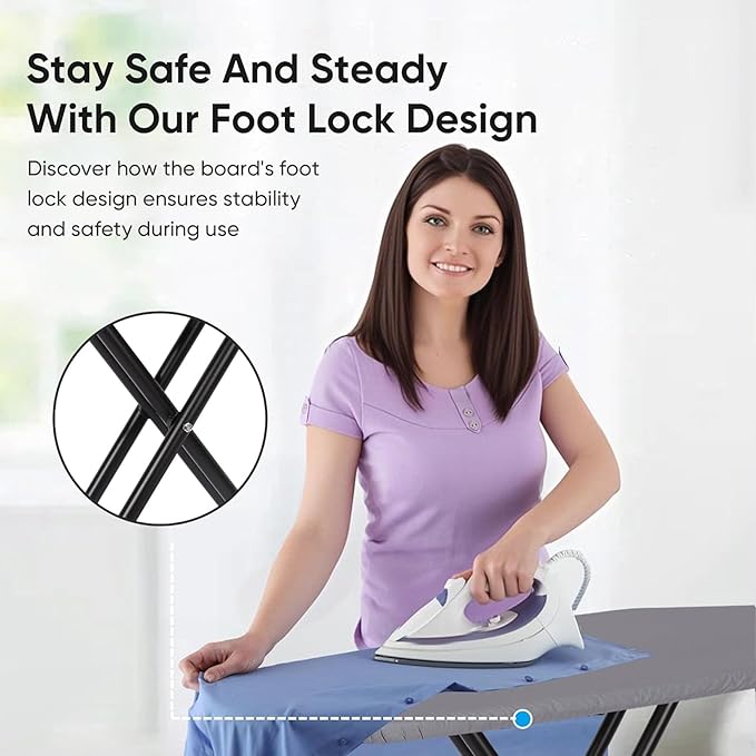 Jakeefud Deluxe Ironing Board with Heat Resistant Cover and Thicken Felt Pad, Heavy Sturdy Legs,Full Size Hanger Iron Board,Foldable (L-Grey)